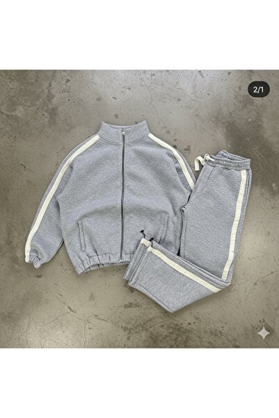 Minharir Unisex Şerit Detaylı Eşofman Takım Rahat Fit Fermuarlı Takım
