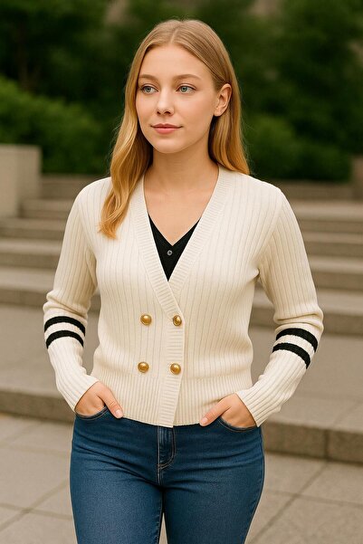 Sfg Life Moda Women's Gold Buttoned V-Neck Ribbed Sleeve Striped Detail Sweater-Cardigan