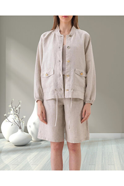 MinervaXint Women's Oversized Natural Jacket with High Collar, Flap Pockets, Lace-Up Waist, Button Closure