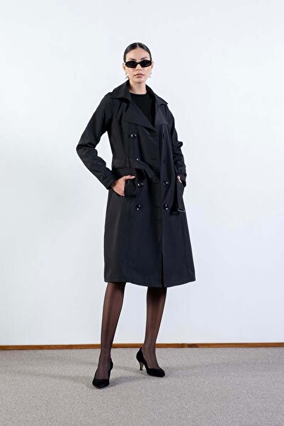 Spazio İmperatrice Kruvaze Yaka Kuşaklı Trençkot SİYAH