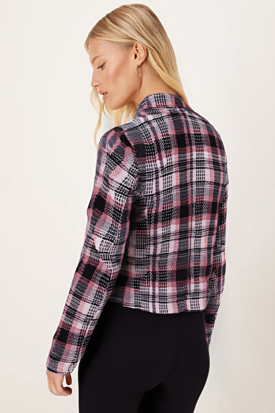 armonika Women's Pink-Black Double-Breasted Collar Tweed Crop Jacket Arm-24K001014