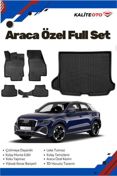 ko kaliteoto Audi Q2 2018-2019-2020-2021-2022-2023-2024-2025 Model Yumuşak Paspas+Bagaj Havuzu Seti