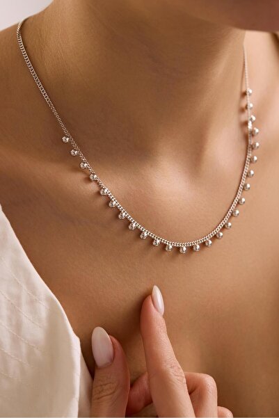 Nereze 925 Ayar Gümüş Rodyum Kaplama Gurmet Zincirli 4 mm Minik Toplu Kolye