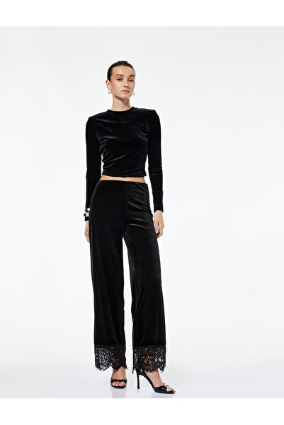 Koton Long Sleeve Crew Neck Slim Fit Velvet Crop T-Shirt