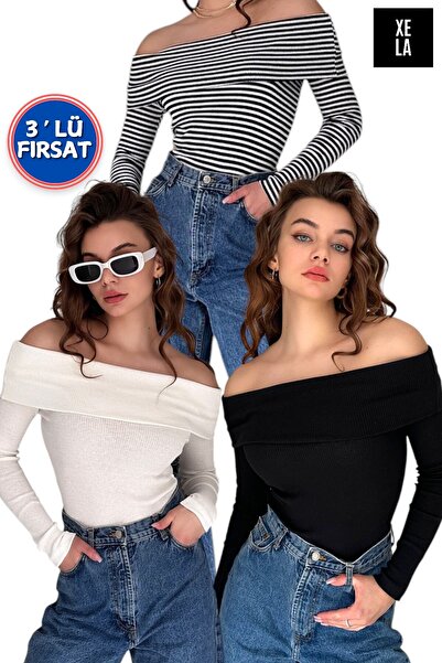 XELA PACHET DE 3 - PULOVER MADONNA CU GULER CU MANELE LUNGHE tricotaj cu stri...