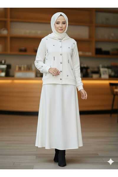 KMKkombin Women's New Season Bottom-Up Buttoned Stone-Embellished Skirt Suit