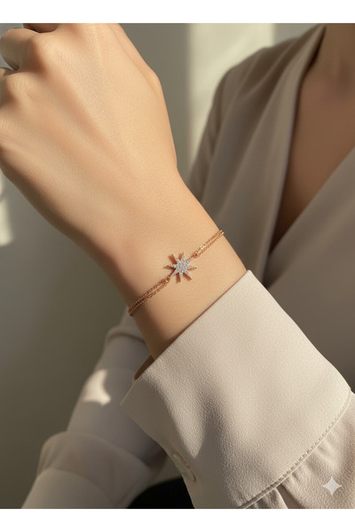 HARİNA Dusty Rose Color Stone Polar Star Thin Chain Women's Bracelet