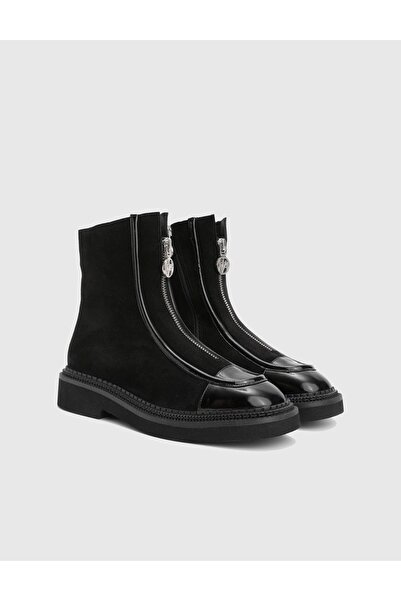 İLVİ Brisie Genuine Patent Leather Suede Leather Black Women's Boots