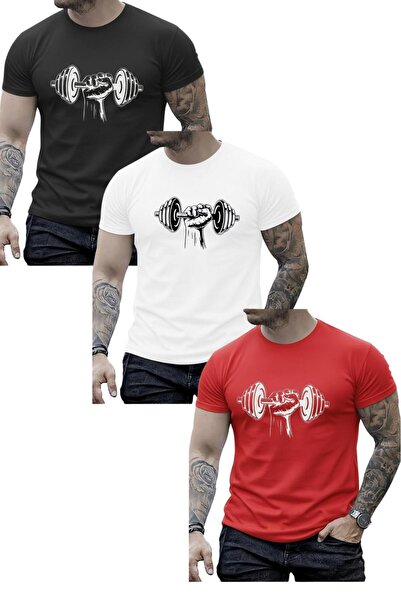 NO 601 Men's Red-White-Black 3-Piece Dumbel Printed Slim Slim Fit Tshirt