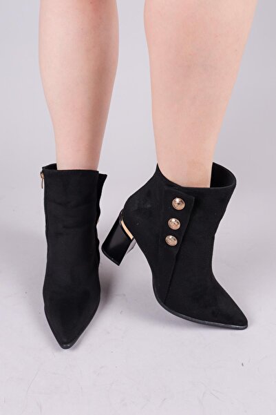 Birikon BIDIU Gold Tokalı Süet Topuklu Bot SİYAH