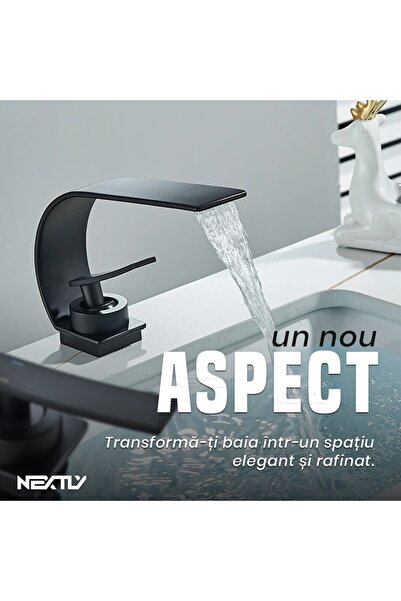 NEXTLY Baterie lavoar SwanFlow Premium Negru Mat, Construcție din Cupru, Design Cascadă