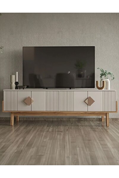Modalife Salda TV Ünitesi – 180 cm – Modern Çizgili Tasarım – Krem & Ceviz – ...