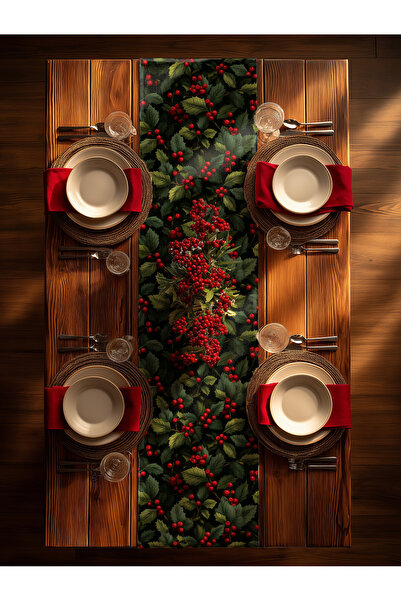 Medi Home Yılbaşı Evergreen Berry Kırmızı Meyveli Yaprak Desenli Runner – Siyah Yeşil