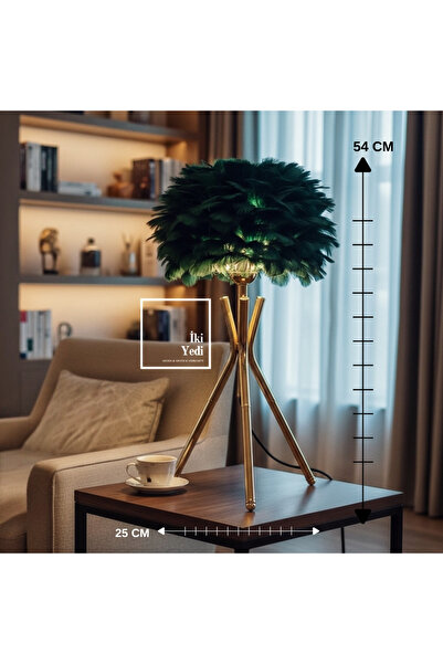 77 Miava Yeşil Tüylü Bronz Ayaklı Masa Lambası 54 cm Dekoratif Abajur Modern ...