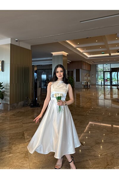 Nika Fashion Rochie de seară din satin fără mâneci Elya Gold Beige Midi