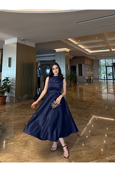 Nika Fashion Elya Gold Bej Midi Boy Kolsuz Saten Abiye Elbise