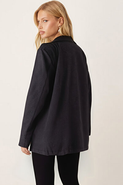 armonika Kadın Antrasit Erkek Yaka Cep Kapaklı Vatkalı Oversize Kaşe Ceket ARM-26K001044