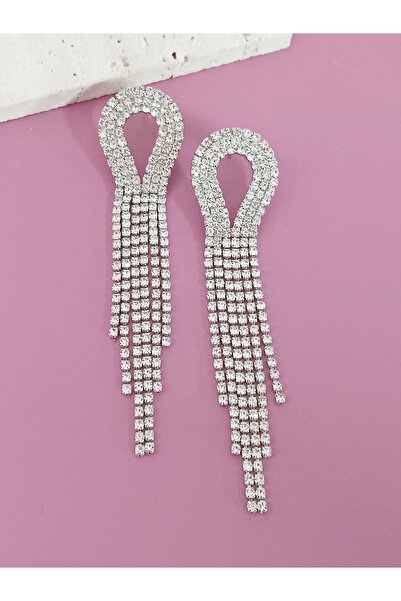 mos&more White Stone Dangle Long Women's Evening Dress Earrings, Tassel Earrings, Waterway