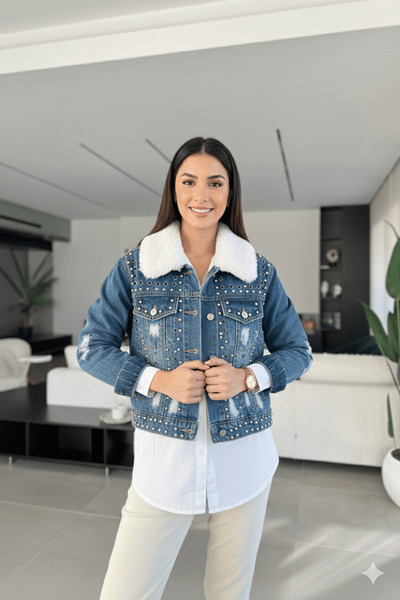 cemo Kadın İçi Kürklü Jean Ceket Mavi