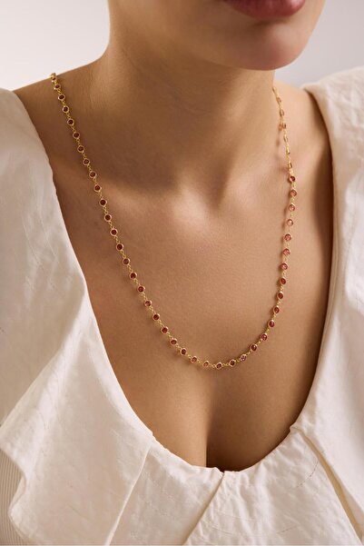 Nereze 925 Ayar Gümüş Gold Kaplama 90 Cm Uzunluk Kırmızı 4 mm Zirkon Taşlı Kolye