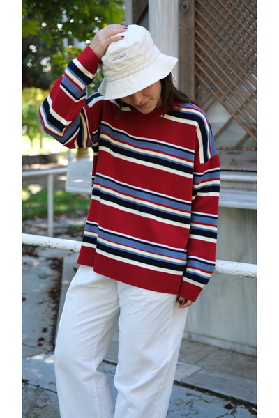 Butik Una Fiaba-Red Oversized Crew Neck Striped Women's Sweater