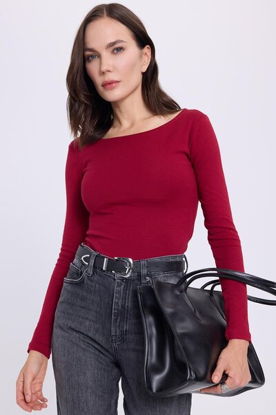 Tudors Women's Slim Fit Slim Fit Cotton Modal Fabric Long Sleeve Boat Neck Dark Burgundy Blouse