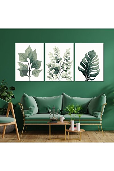 GAAGART 3'lü Kanvas Duvar Tablosu Soft Pastel Yeşil Yaprak Tasarımı