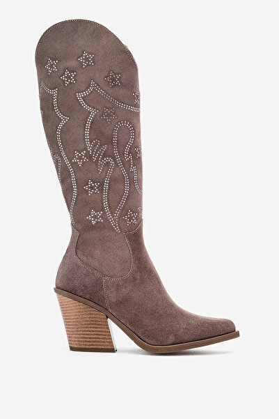 Dericlub Women's High Heel Pointed Toe Boots Real Suede Leather Zy 1609 Mink