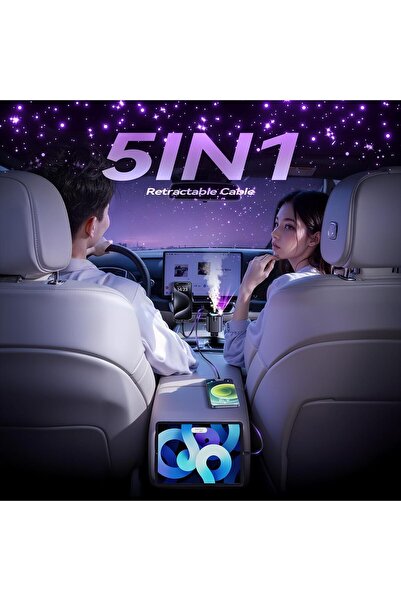 Generic Retractable Car Charger with Starlight & Aromatherapy, 5-in-1 USB-C 69W Fast Charger (iPhone&Android