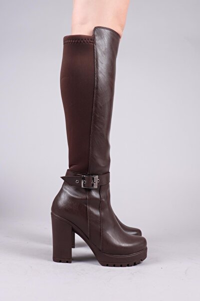 Birikon Ulza Strech Paneled Buckle Heeled Boots Brown