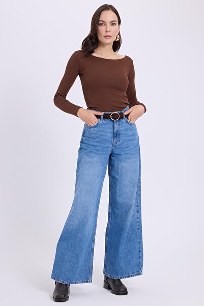 Tudors Women's Slim Fit Slim Fit Cotton Modal Fabric Long Sleeve Boat Neck Dark Coffee Blouse