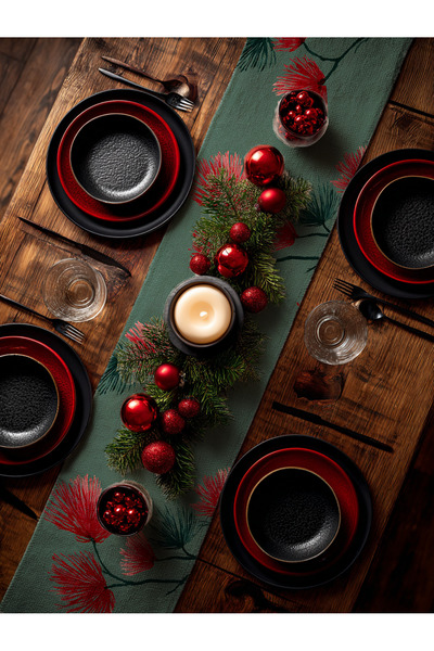 Medi Home Yılbaşı Teal Harmony Fırça Desenli Çam Dalı Runner – Turkuaz & Krem