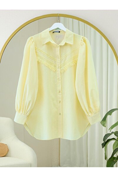 MACMODA Güpür Püsküllü Ham Keten Balon Kol Gömlek