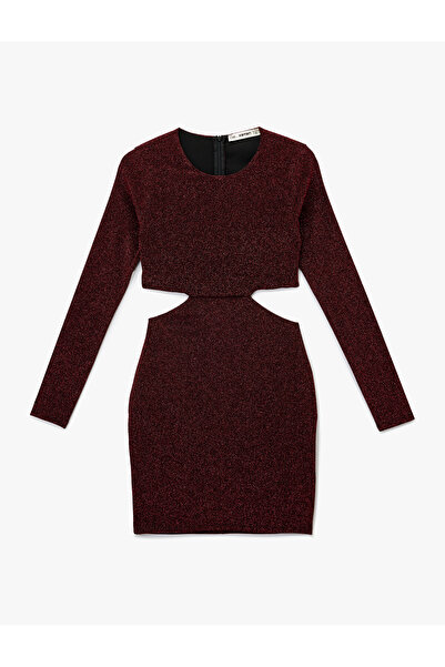 Koton Long Sleeve Crew Neck Glitter Window Detail Mini Dress