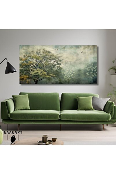 GAAGART Panoramik Kanvas Duvar Tablosu Soyut Yeşil Ağaç ve Kuşlar