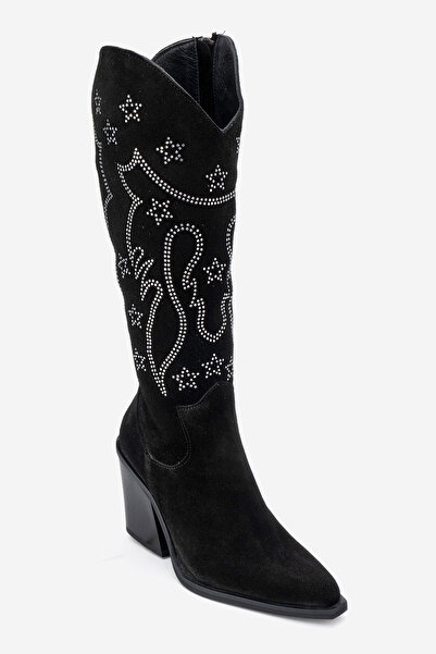 Dericlub Women's High Heel Pointed Toe Boots Real Suede Leather Zy 1609 Black