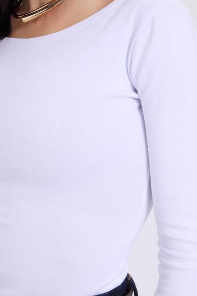 Tudors Γυναικεία μπλούζα εφαρμοστό από βαμβακερό ύφασμα με μακρύ μανίκι και λαιμόκοψη σε λευκό χρώμα