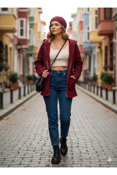 Store Kadın İtalyan Düz Desen Fermuarlı Keçe Kaban