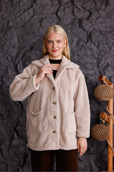 trendlina Double Pocket Buttoned Plush Jacket
