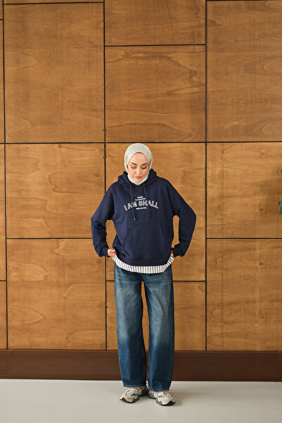 LOCCO Жіночий светр з капюшоном і принтом, синій