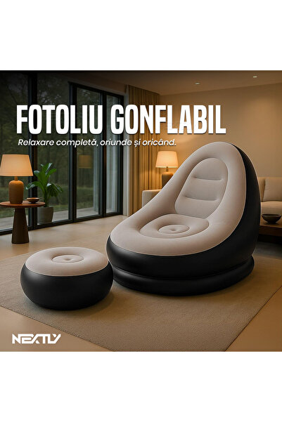 NEXTLY Set canapea gonflabilă VelvetTouch cu otoman, negru-albastru, confort interior/exterior