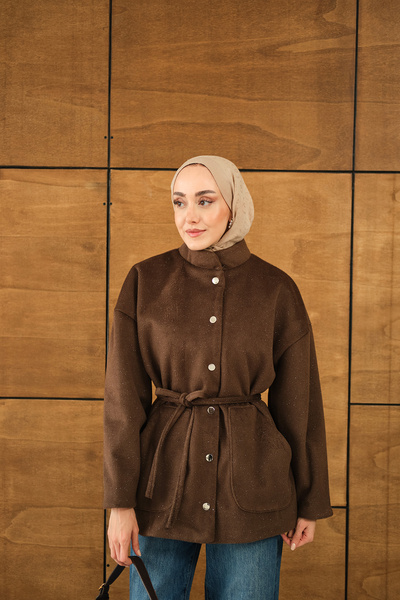 LOCCO Γυναικείο Μπουφάν Καφέ με Κουμπωτά Καρφώματα Ασημί