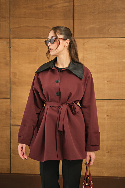 LOCCO Kadın Yakası Deri Trenç Bordo