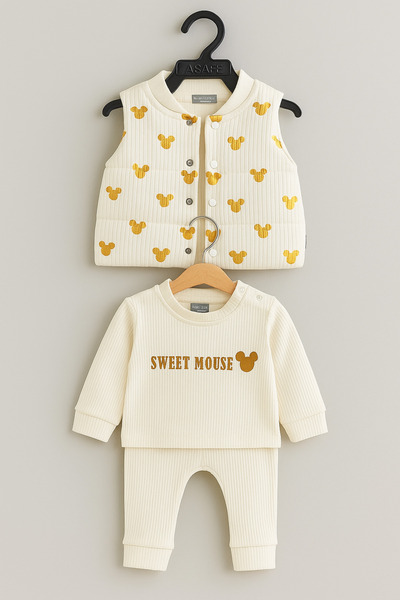 Selvira Unisex 3-Piece Newborn Set |   Ear Patterned Vest, Sweatshirt and Bot...