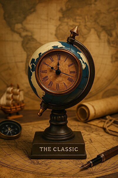 Kesene Çalışma Masanıza Klasik Asil Tasarım Nostaljik Masa Saati Biblosu Dünya Küresi Antika Saat 19 Cm-M