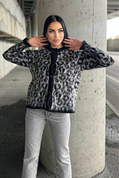 OLSAMODA Women's Fur Leopard Printed Soft Textured Premium Knitwear Cardigan