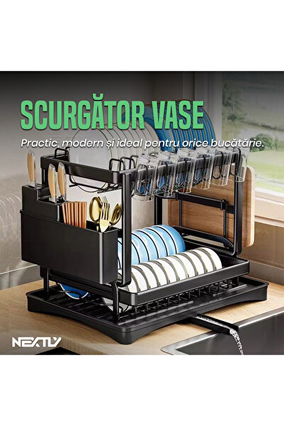 NEXTLY Dual-Layer Dish Rack with Utensil Holder and Drip Tray, White, 32x30x42cm