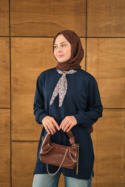 LOCCO Kadın Yaka Fularlı Tunik Lacivert