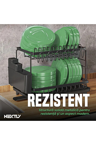 NEXTLY 2-Tier Dish Rack with Utensil Holder & Cutting Board, Metal, 42x30x32cm, Black