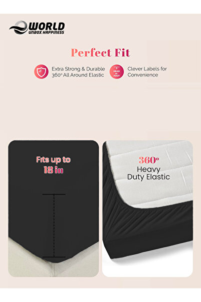 Eworld 2-Piece Single Size Black Cotton Fitted Bedsheet Set, Deep-Pocket Single Sheet & 1 Pillow Cover